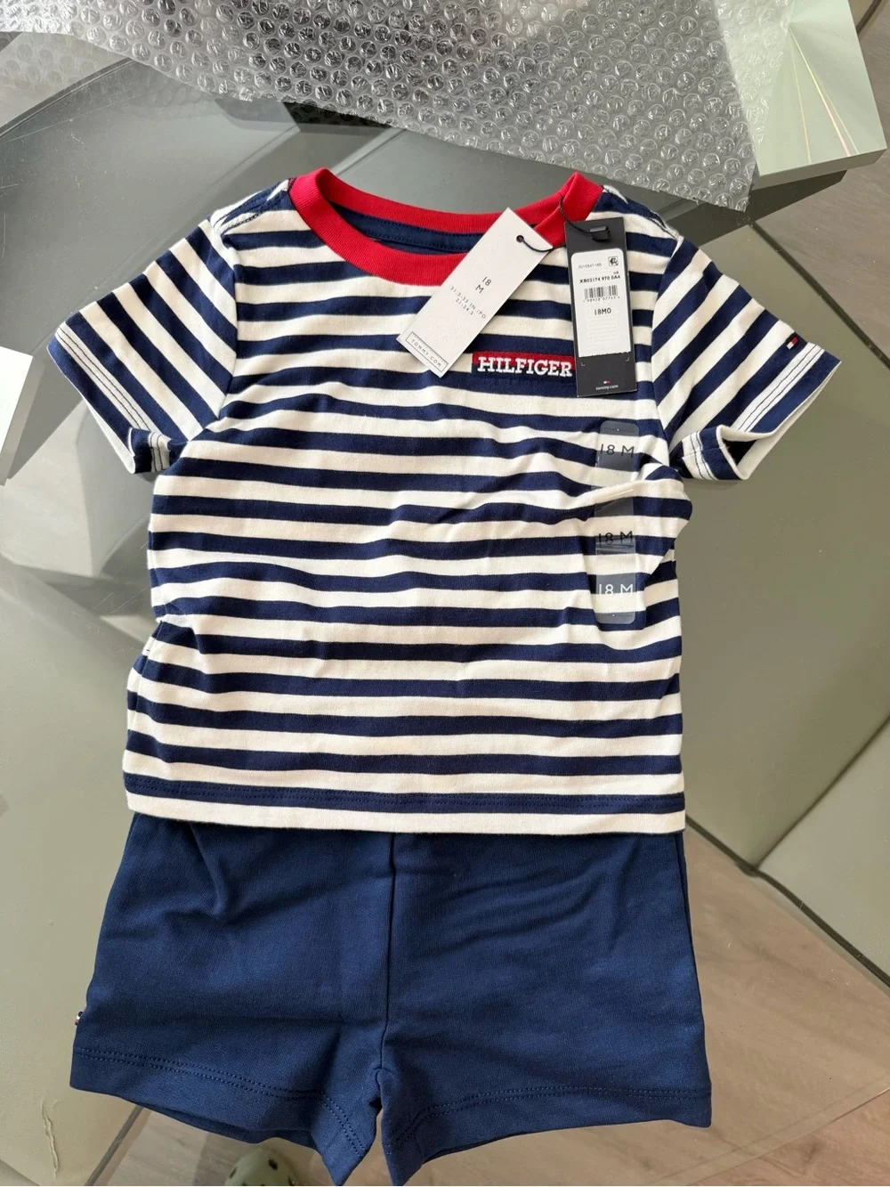 Tommy Hilfiger Navy, White & Red Striped Kids Tee and Navy Shorts Set